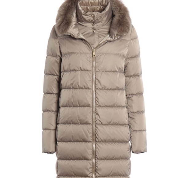 HERNO Long Down Coat Silver Fox Fur Collar & Interior Vest - Size 8 IT 44 Italy